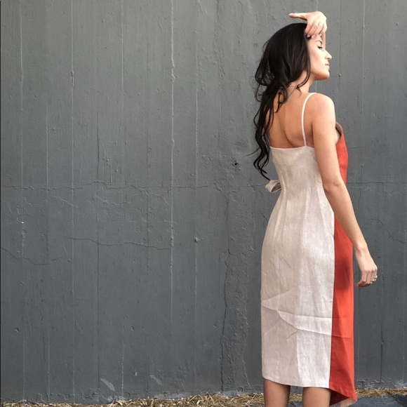 Midi Linen Wrap Dress (Beige and Orange) - Picture 3 of 3
